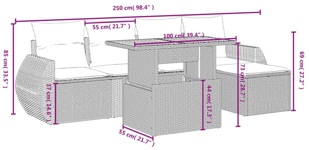 6 pcs conjunto sofás de jardim c/ almofadões vime PE preto