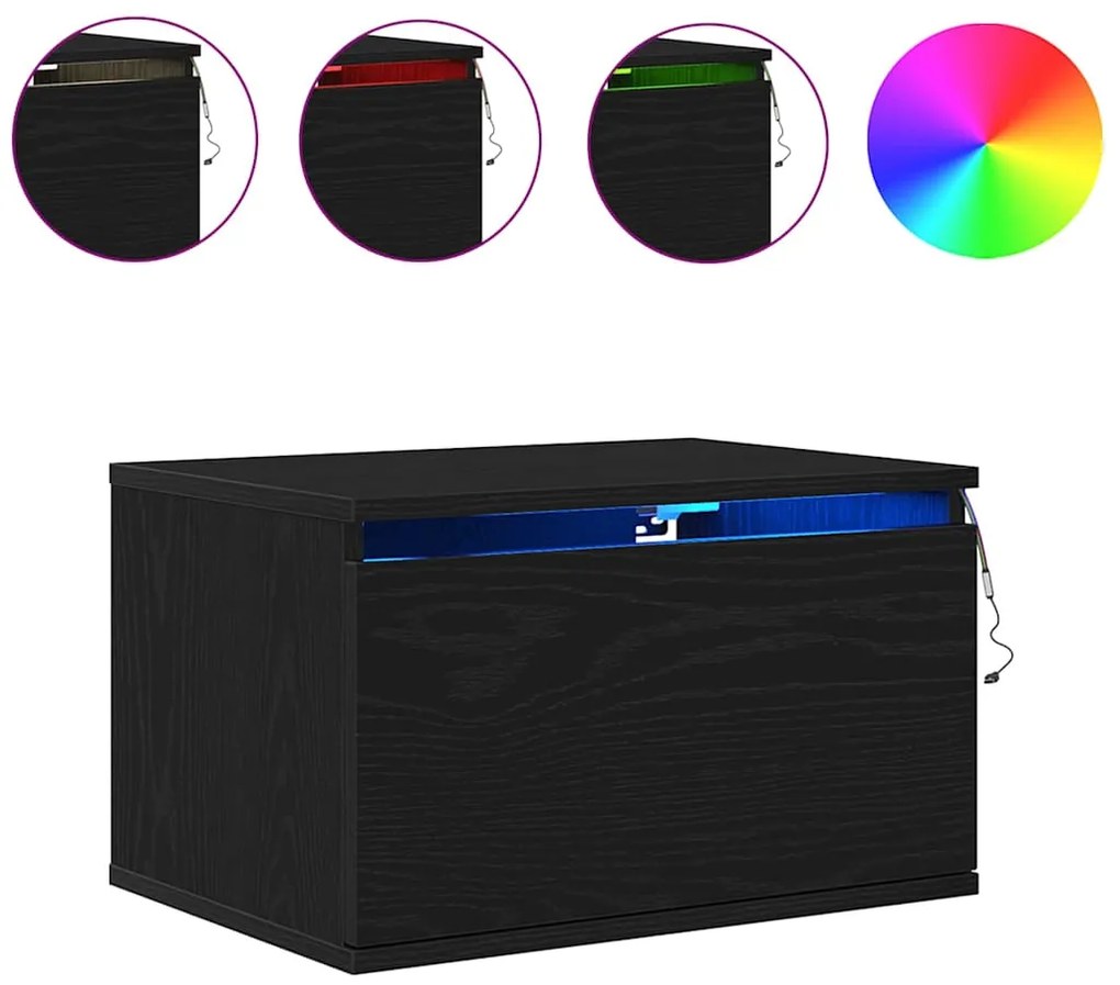 Criado-mudo vidaXL com LED montado na parede Carvalho Preto 50x36x30 c