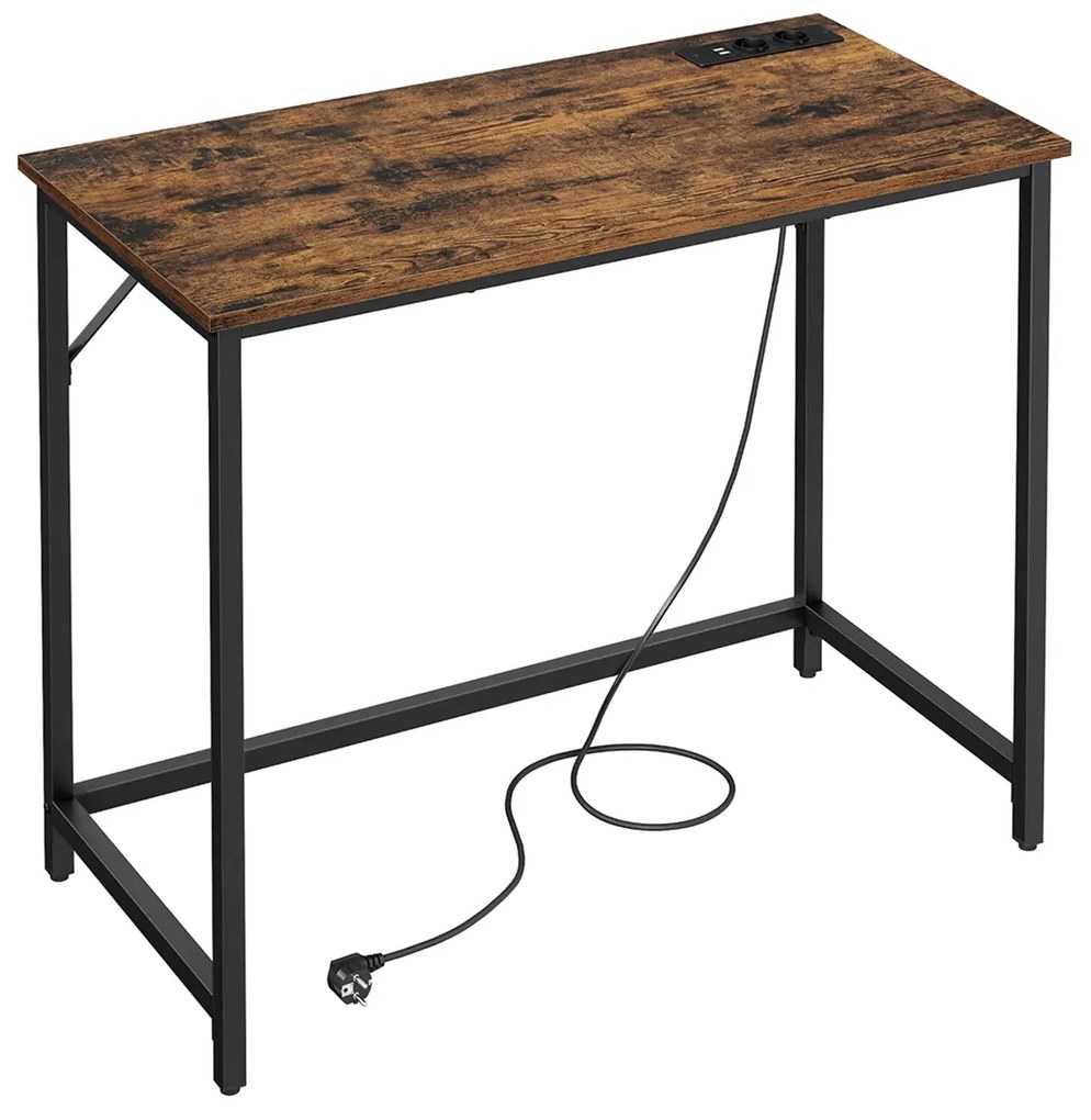 Mesa de jogos VASAGLE para escritório com luzes LED, filtro de linha, mesa de computador, 50 x 100 x 76, economiza espaço, para sala de estudo, escritório doméstico, tinta marrom-preta vintage LWD141B81