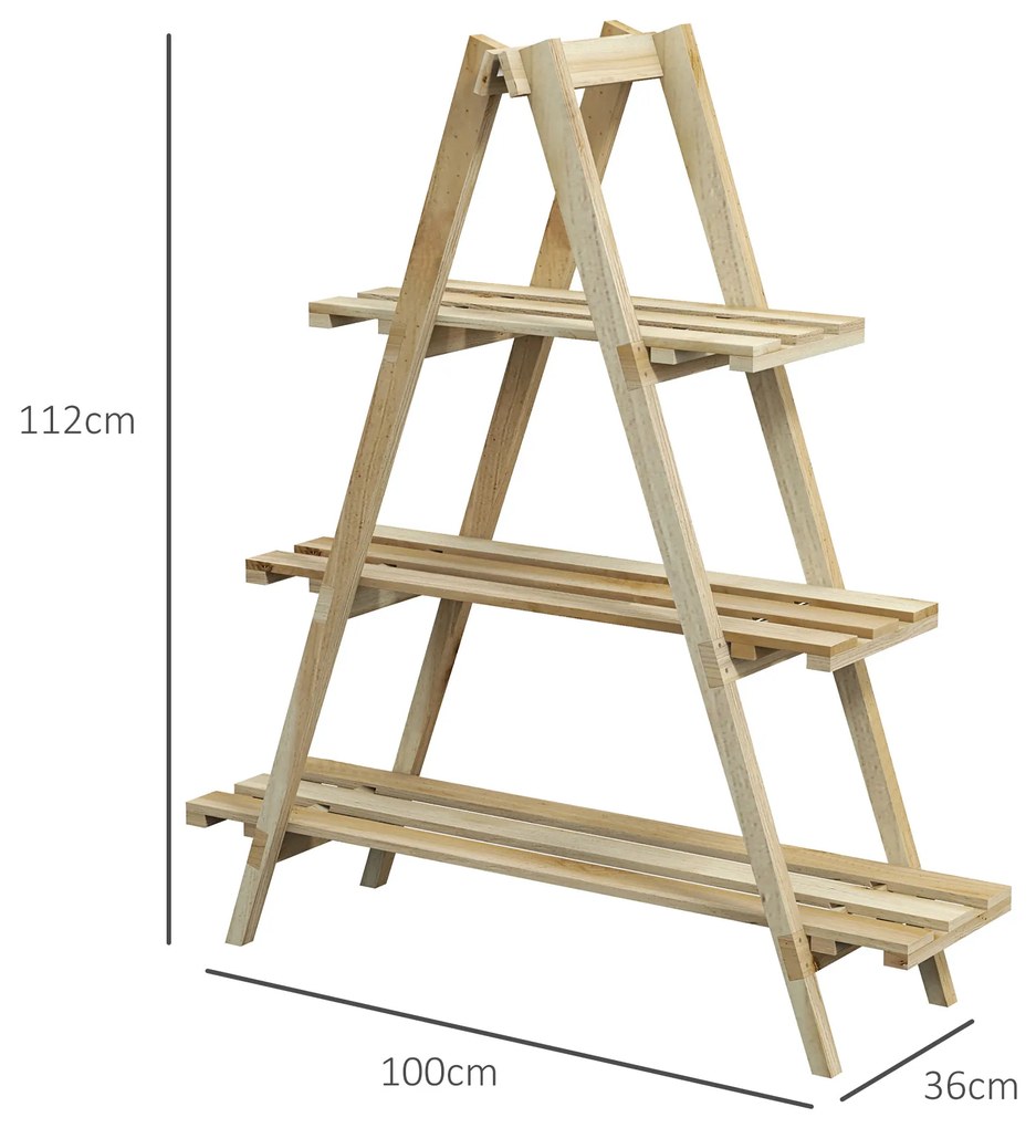 Suporte de Madeira para Plantas Dobrável de 3 Níveis com Estrutura em Forma de A para Jardim Pátio 100x36x112 cm Natural