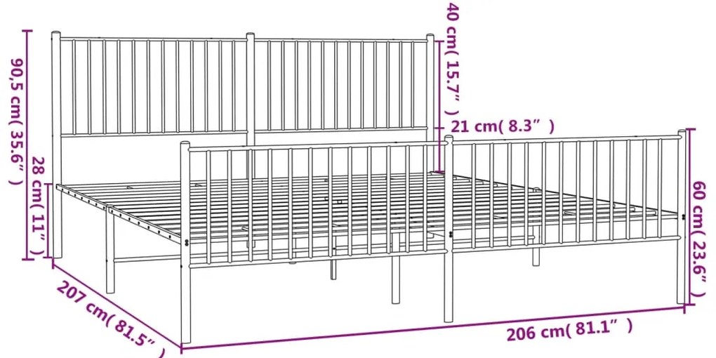 Estrutura de cama com cabeceira e pés 200x200 cm metal preto