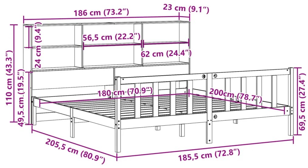 Cama com estante sem colchão 180x200 cm pinho maciço