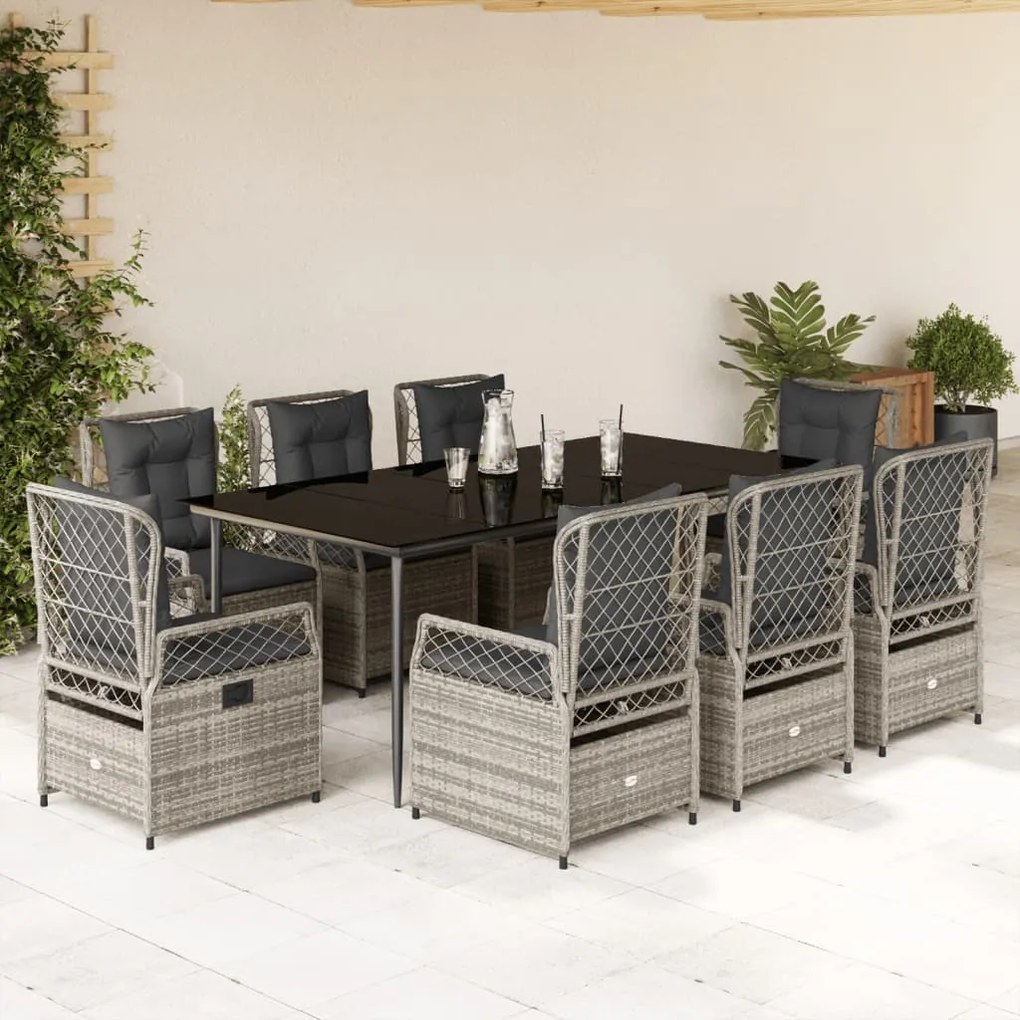 9 pcs conjunto de jantar p/ jardim c/ almofadões vime PE cinza