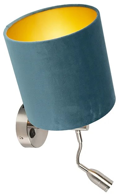 LED Candeeiro de parede em aço com luz de leitura e abajur em veludo 20/20/20 azul Moderno