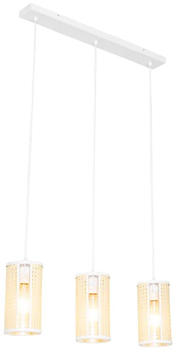 Candeeiro suspenso retro branco com vime 3 luzes alongado - Akira Retro