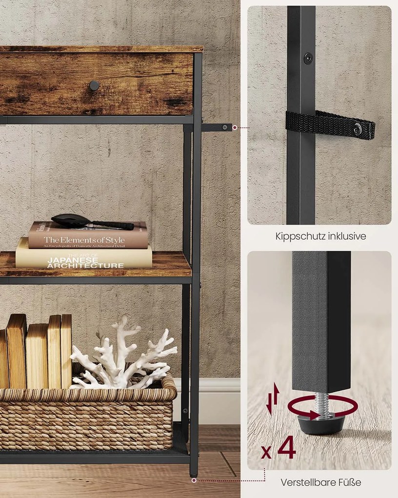 Mesa consola estreita com duas gavetas em tecido 24 x 76 x 80 cm Castanho vinatge + Preto