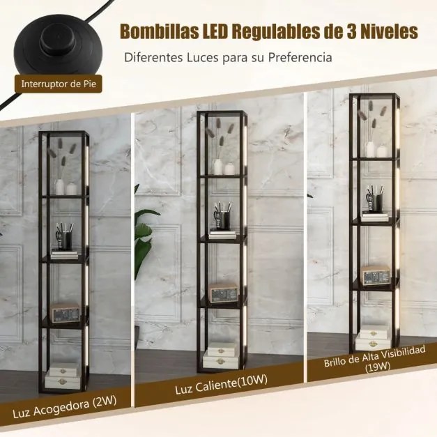 Candeeiro de pé moderno com prateleiras, lâmpadas LED reguláveis em 3 níveis e postes LED giratórios para quarto 29 x 29 x 163 cm cor nogueira