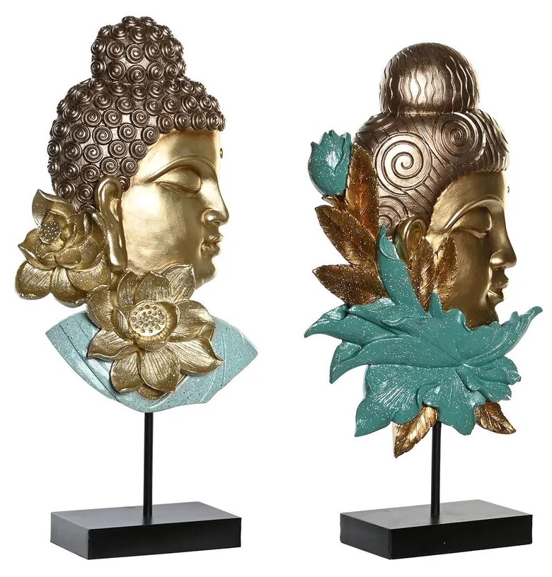 Figura Decorativa Dkd Home Decor 22 X 8 X 42,5 cm Preto Dourado Buda Turquesa Oriental (2 Unidades)