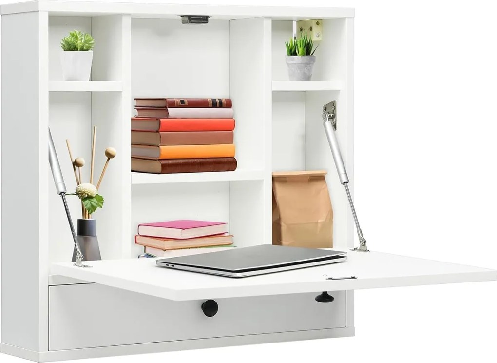 Secretária dobrável de parede com prateleira 60 cm x 15 cm x 57 cm, gaveta e tampo rebatível multiusos para escritório, quarto ou sala Branco
