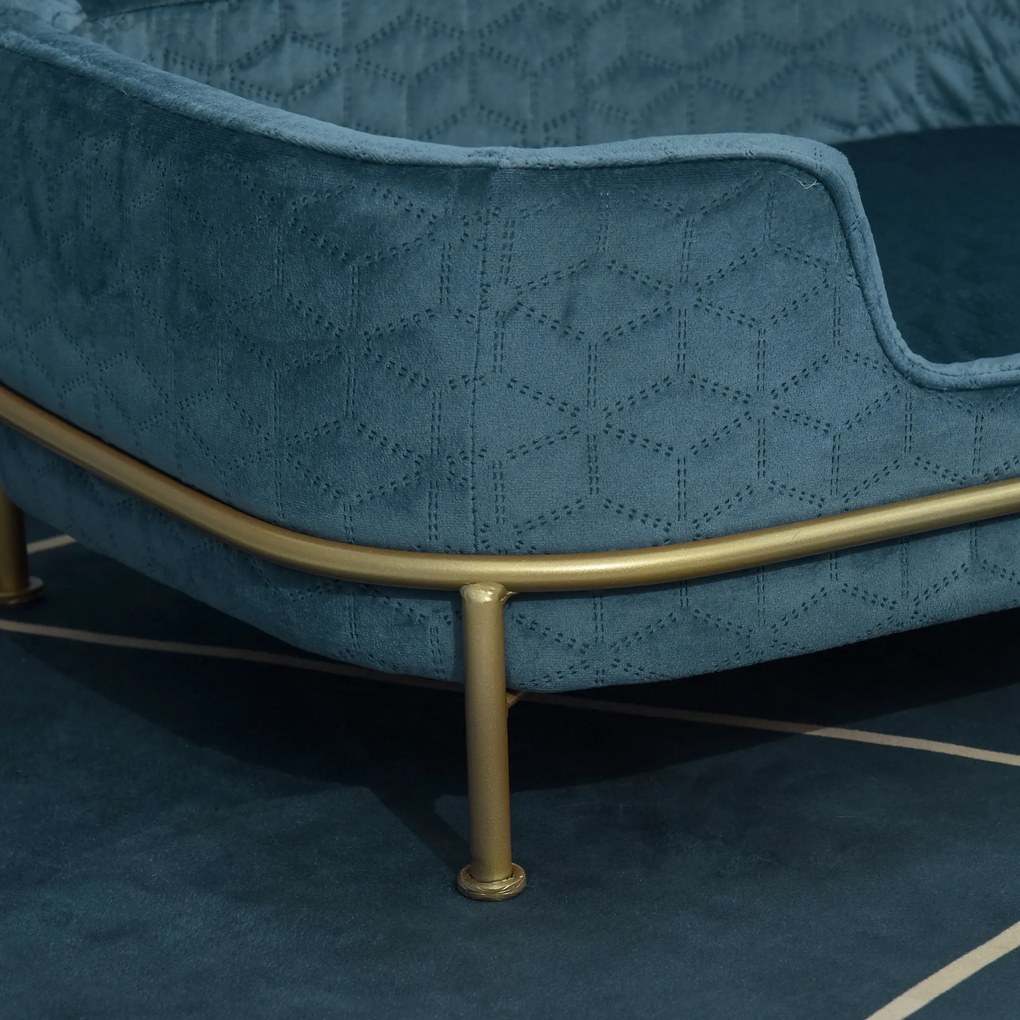 PawHut Sofá para Animais de Estimação em Veludo Cama para Cães e Gatos Pequenos com Almofada Suave Lavável Base de Metal e Bordas Elevadas 63,5x43x24,5cm Azul