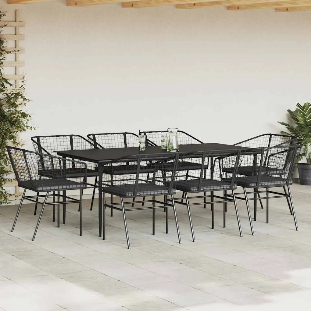 Conjunto de jantar jardim 9 peças almofadas vidro vime PE preto