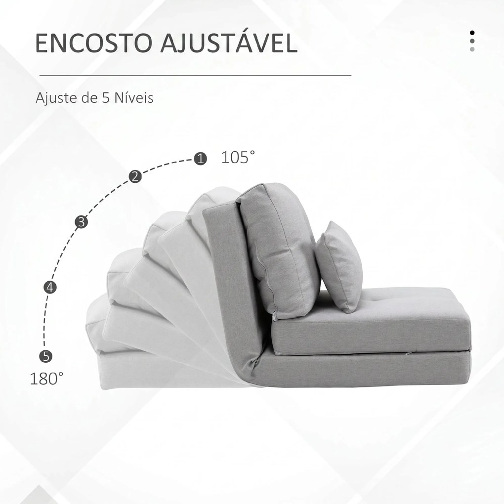 Sofá-Cama Individual Dobrável Revestido em Linho com Encosto Ajustável 5 Posições 1 Almofada Cinzento Claro