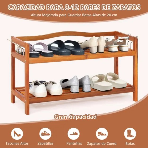 Sapateira de 2 níveis para sapatos 74 x 26 x 42 cm em madeira de acácia com 4 ganchos metálicos laterais Castanho