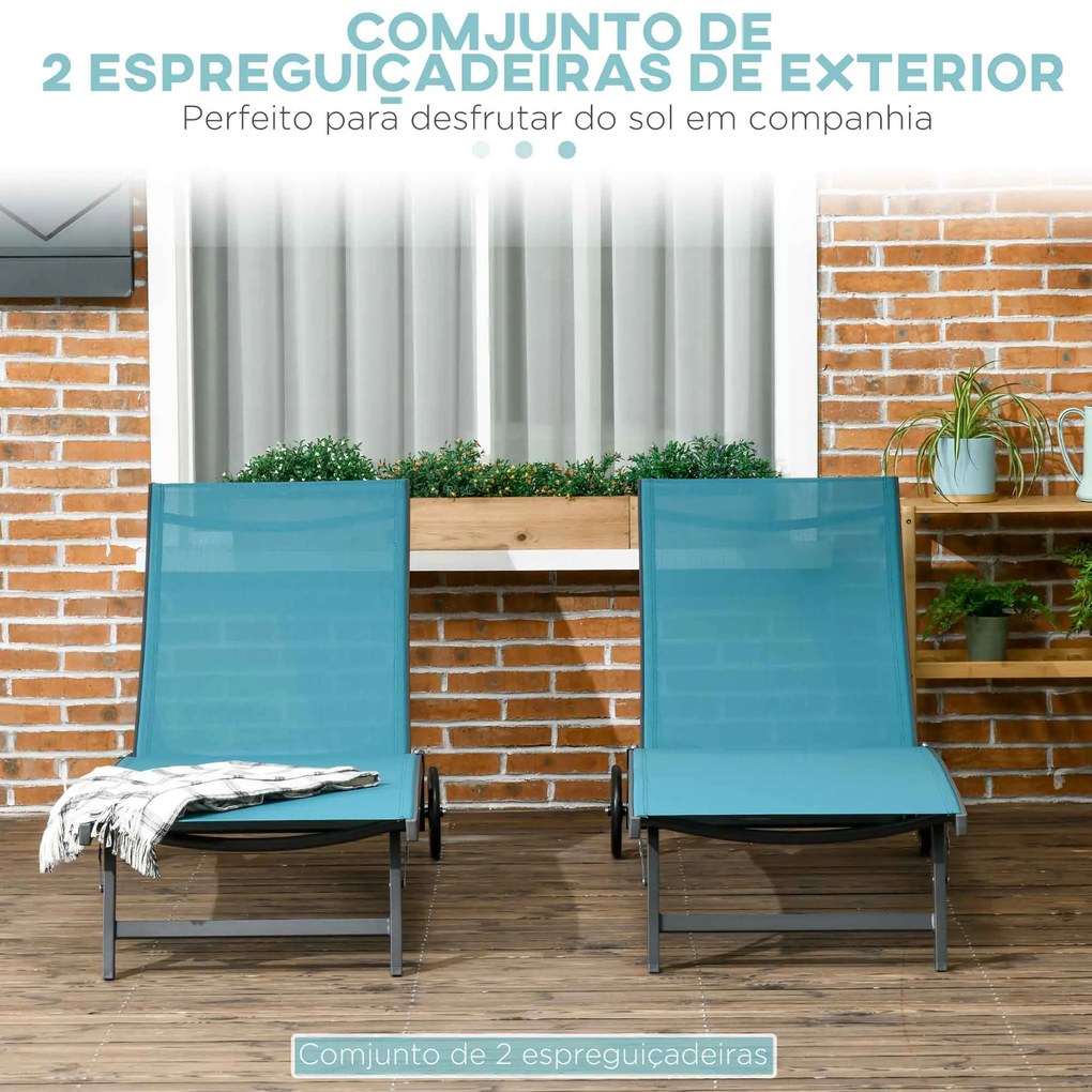 Conjunto de 2 Espreguiçadeiras para Exterior com Encosto Ajustável em 5 Níveis e Rodas para Praia Piscina 165x66x102 cm Azul