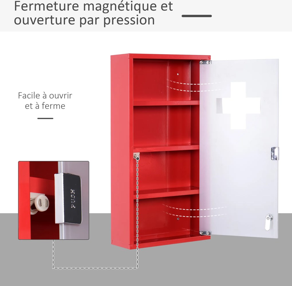 Armário de medicamentos com 3 prateleiras e 4 níveis 30 L x 12 L x 60 A cm, com fechadura, porta em vidro temperado fosco, logótipo «Croix», aço verme