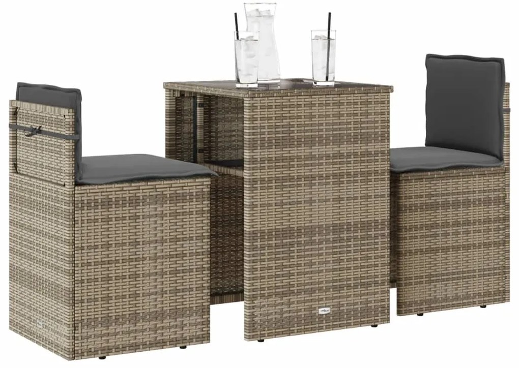 3 pcs conjunto bistrô com almofadões vime PE cinza