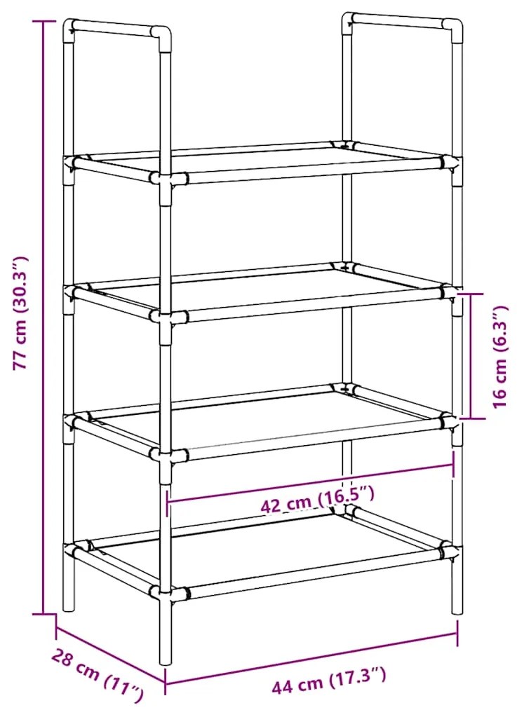 Sapateira 4 camadas 44x28x77 cm tecido não tecido preto