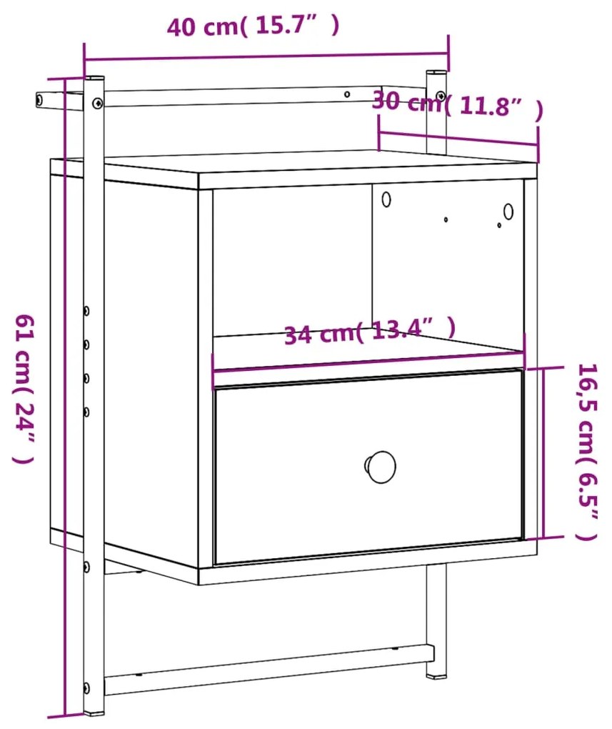 Mesa cabeceira parede 40x30x61cm deriv. madeira cinzento sonoma