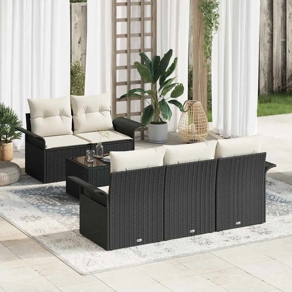 vidaXL Conjunto de Sofá de Jardim com 6 Peças e Almofadas, Vime Poly Preto