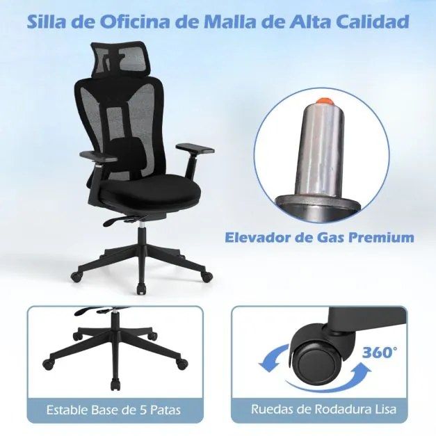 Cadeira de escritório em malha com encosto ajustável em 3 níveis, almofada lombar e apoio para a cabeça, braços, 70 x 68 x 116-124 cm, preta