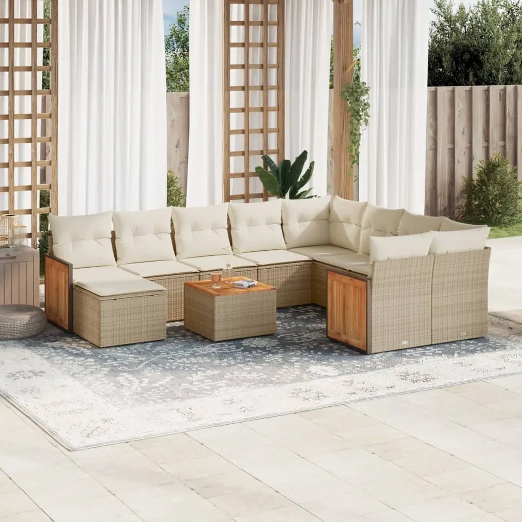 vidaXL 11 pcs conjunto sofás de jardim c/ almofadões vime PE bege