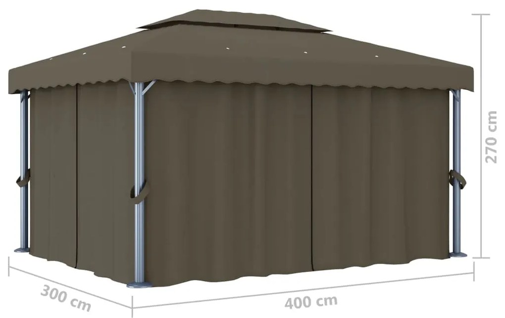 Gazebo com cortinas e cordões de luzes LED 4x3 m cinza-acastan.