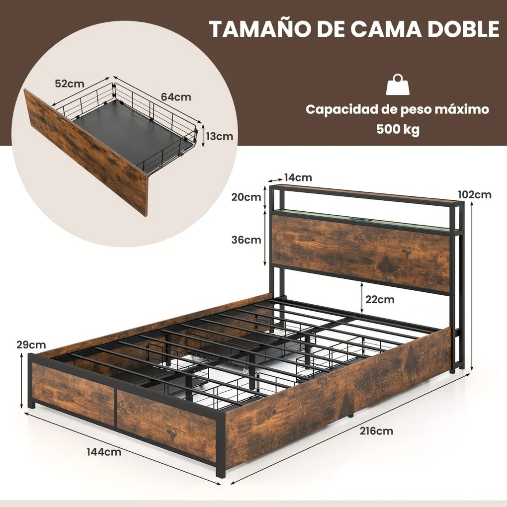 Estrutura de cama de casal 140 x 200 cm Metal Estrutura de cama de casal Luz LED RGB Cabeceira 4 gavetas de arrumação Ligação USB Plataforma de cama