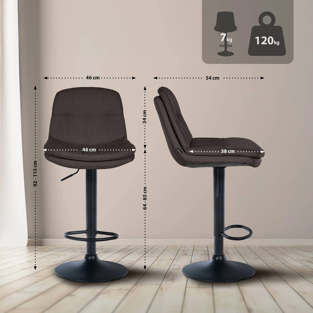 Banco de bar em tecido com estrutura preta 92-113 x 46 x 54 cm cinzento escuro