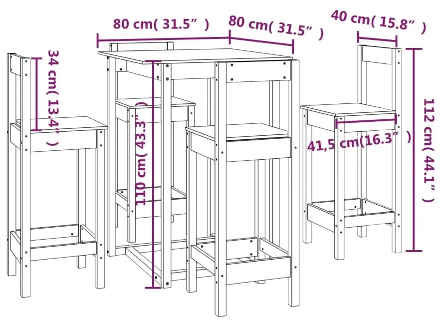 5 pcs conjunto de bar pinho maciço