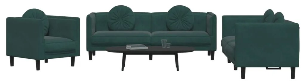 3 pcs conjunto de sofás com almofadas veludo verde-escuro