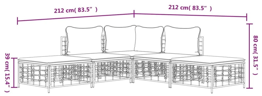 5 pcs conjunto lounge de jardim c/ almofadões vime PE antracite