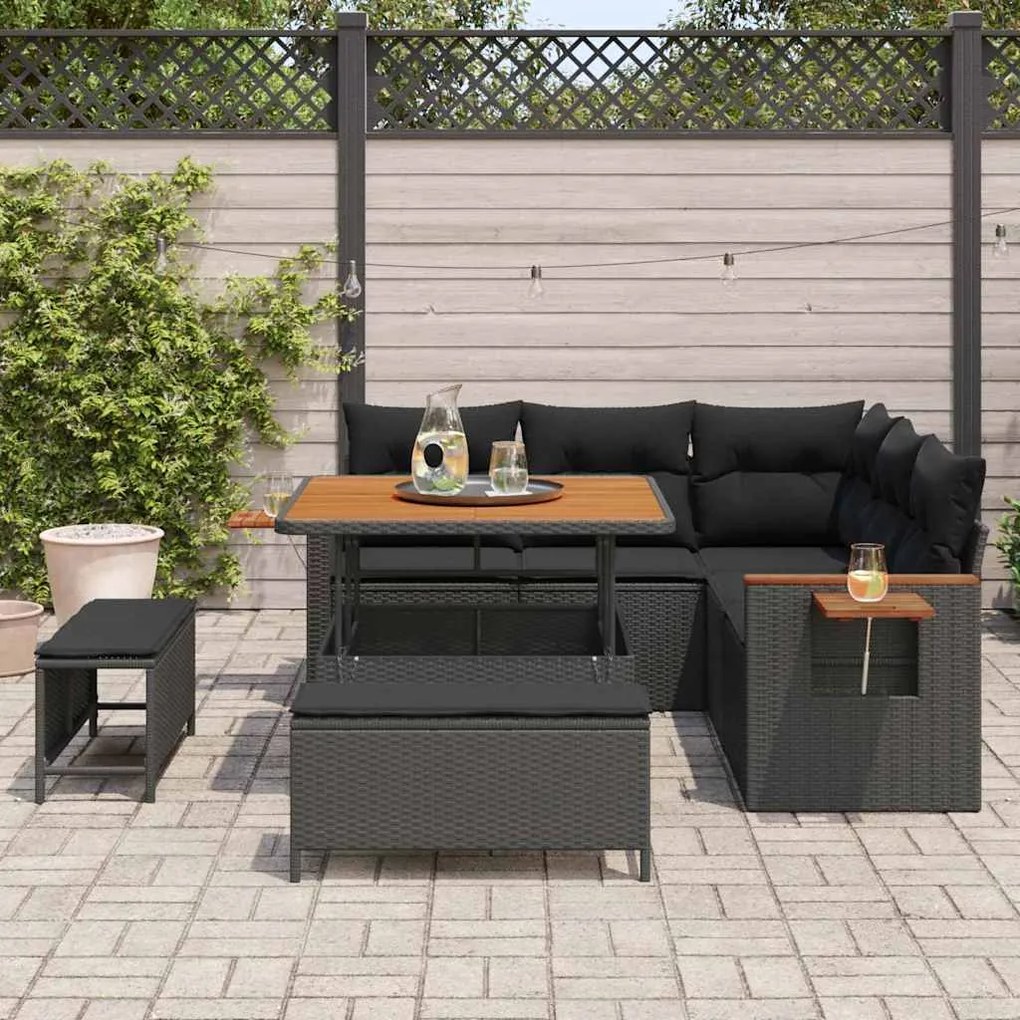 Conjunto de Sofás de Jardim 8 Peças com Almofadas Preto Rattan Poliést