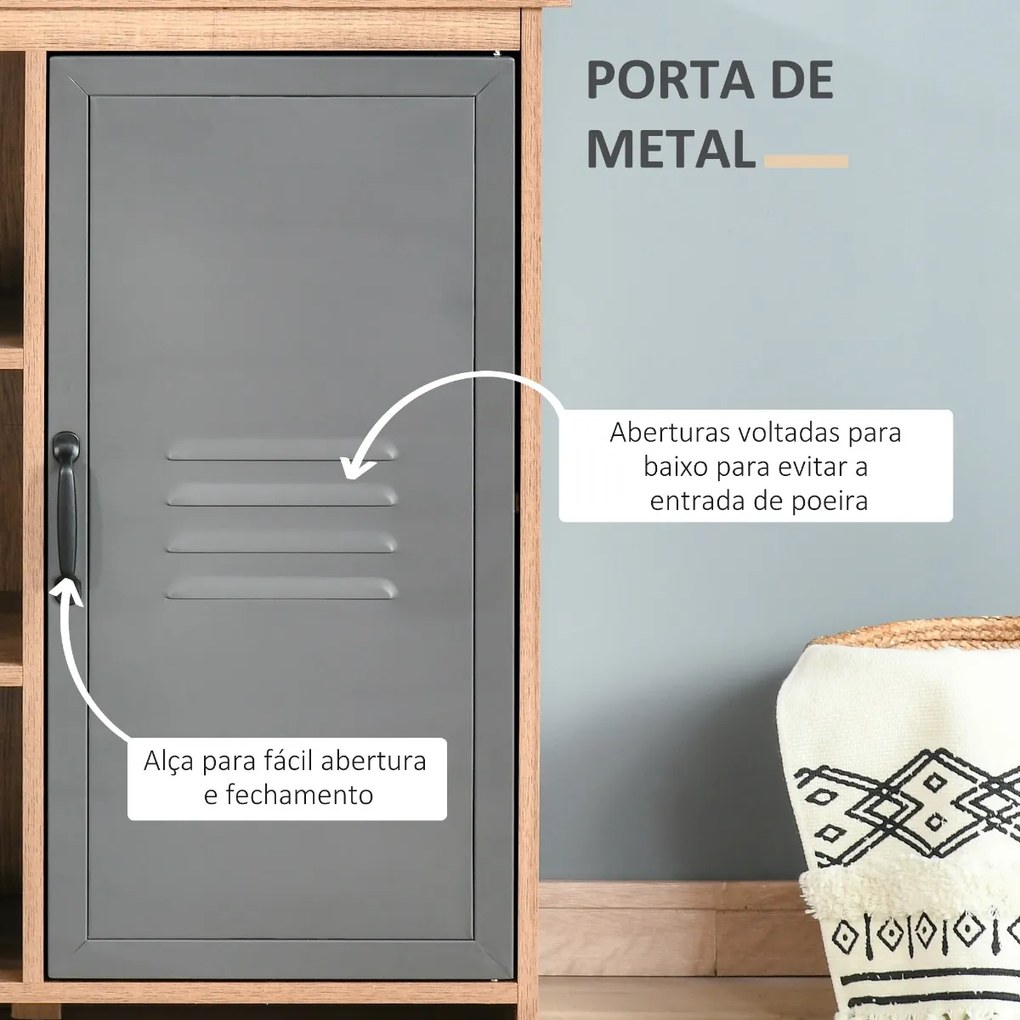 Aparador com Porta de Metal Móvel Auxiliar com 3 Prateleiras Abertas e Armário com Porta e Prateleira Ajustável 80x35x82cm Madeira Natural