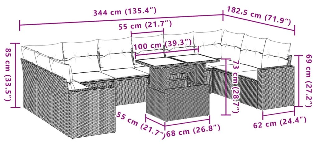 11 pcs conjunto sofás de jardim c/ almofadões vime PE cinzento