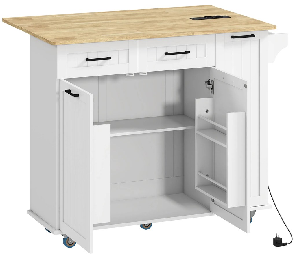 HOMCOM Ilha de Cozinha Extensível com 2 Gavetas Tomadas USB Rodas Carrinho de Cozinha Bancada Rebatível Branco | Aosom Portugal