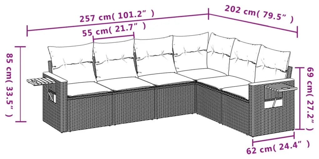 6 pcs conjunto sofás de jardim c/ almofadões vime PE preto