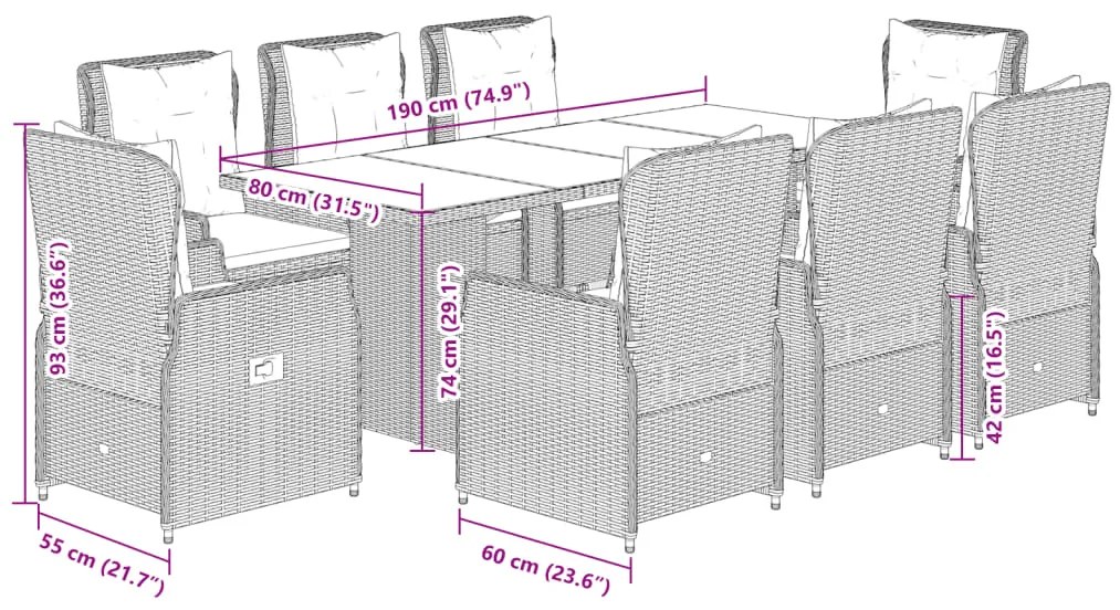 9 pcs conjunto de jantar p/ jardim com almofadões vime PE bege