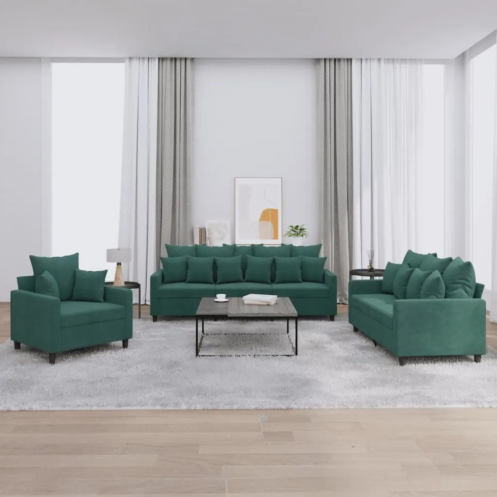 vidaXL 3 pcs conjunto de sofás com almofadões veludo verde-escuro