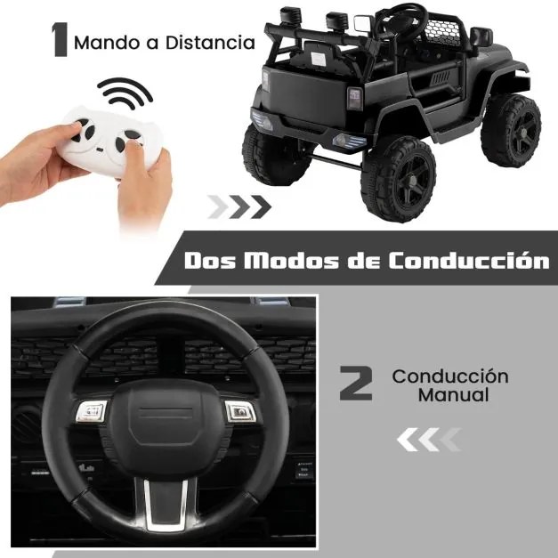 Carro elétrico para crianças com bateria de 12 V Controlo remoto Assento com mola Suspensão USB e porta auxiliar Preto