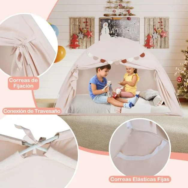 Tenda dobrável e portátil brincar para crianças 201 x 100 x 122 cm com 2 janelas e bandeiras para beliches duplos Bege