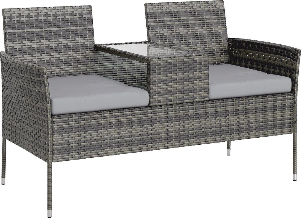Outsunny Banco de Exterior 2 Lugares com Mesinha de Centro, em Aço e Rattan PE, 137x59x82 cm, Cinzento | Aosom Portugal