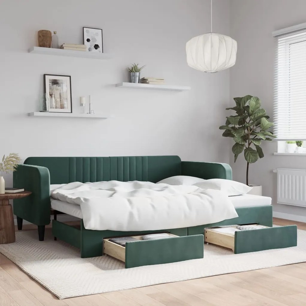 Sofá-cama c/ gavetão e gavetas 90x200 cm veludo verde-escuro