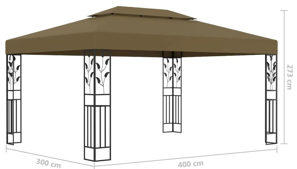 Gazebo com toldo duplo e luzes LED 3x4m cinza-acastanhado