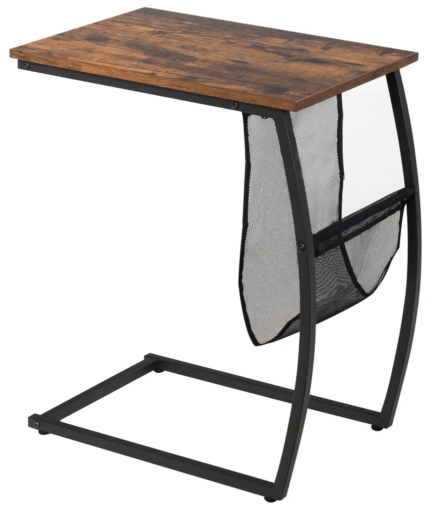 Mesa apoio em forma de C com bolso lateral em estilo industrial para sofá e cama de sala de estar 52 x 35,5 x 59,5 cm Castanho