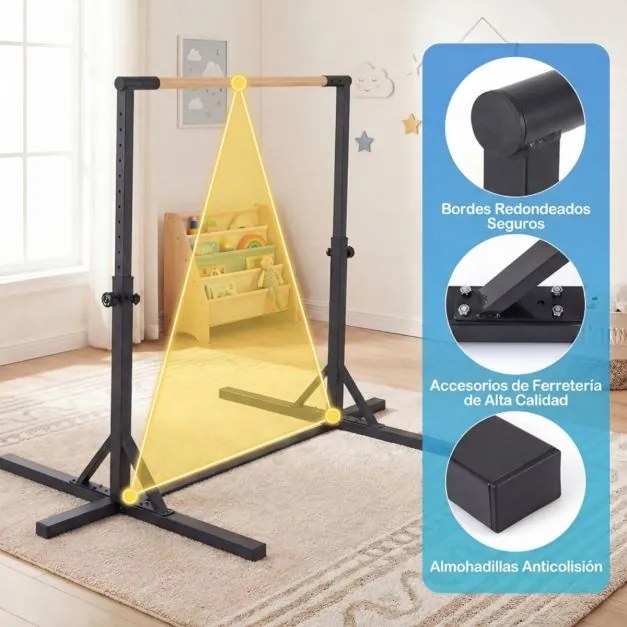 Barra de ginástica ajustável 85-145 cm 12 níveis Estrutura metálica Base antiderrapante para maiores de 3 anos Preto