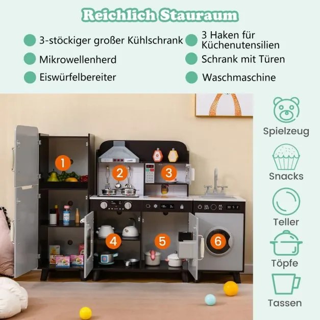 Cozinha infantil 120 x 30 x 90 cm com acessórios 3 em 1 Cozinha de madeira para crianças com frigorífico e máquina de lavar roupa cor Castanho