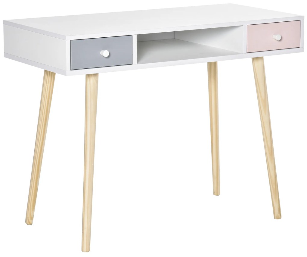 HOMCOM Consola Secretária Infantil com 1 Compartimento Aberto e 2 Gavetas Estilo Nórdico para Dormitório Entrada 100x48x76,5cm Multicolor