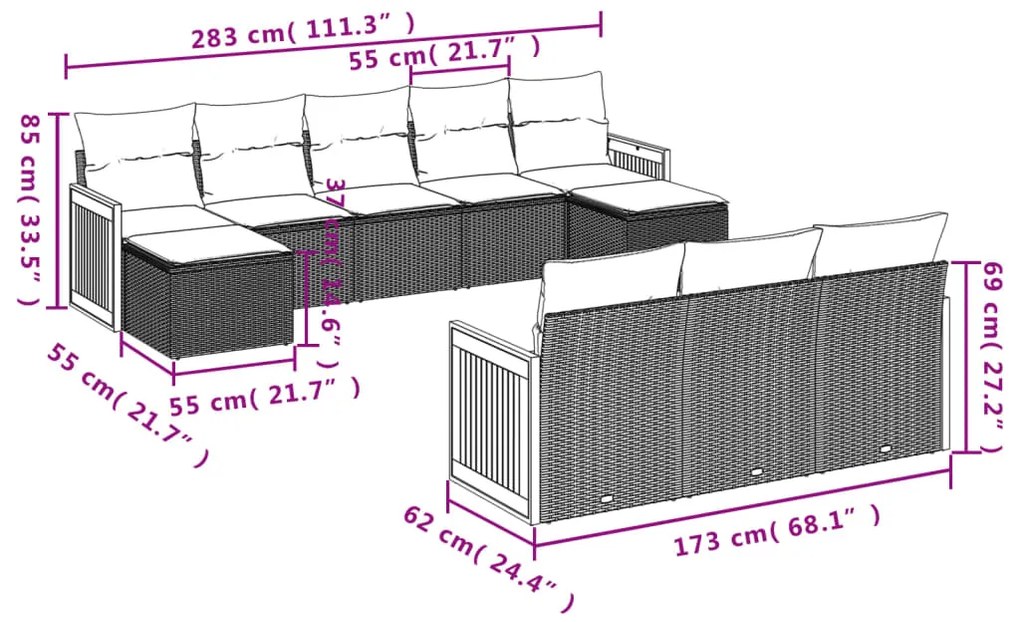 10 pcs conjunto sofás de jardim c/ almofadões vime PE cinzento