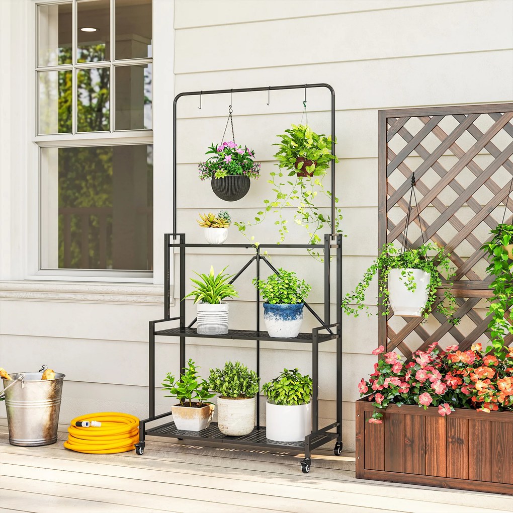 Suporte para plantas de 3 níveis com Rodas 84 x 40,5 x 174 cm, prateleira dobrável para flores em metal com 4 ganchos, preto