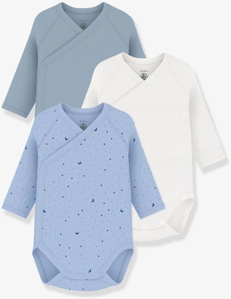 Lote de 3 bodies cruzados de manga comprida PETIT BATEAU azul